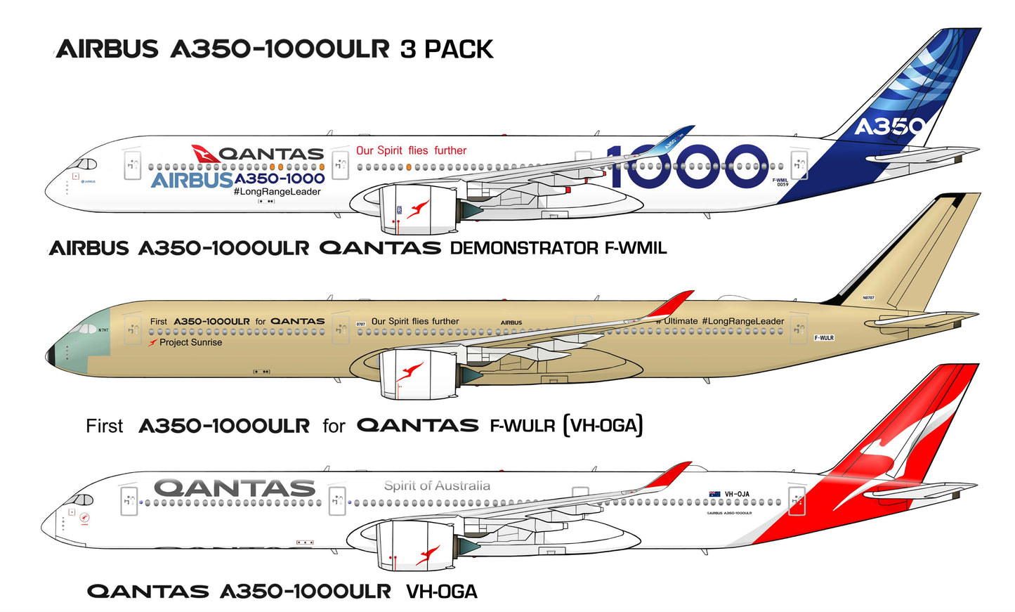 Airbus A350-1000ULR  3 pack of 20cm stickers.