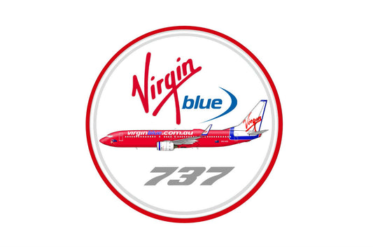 Virgin Blue logo “Boeing 737” 9cm round sticker.