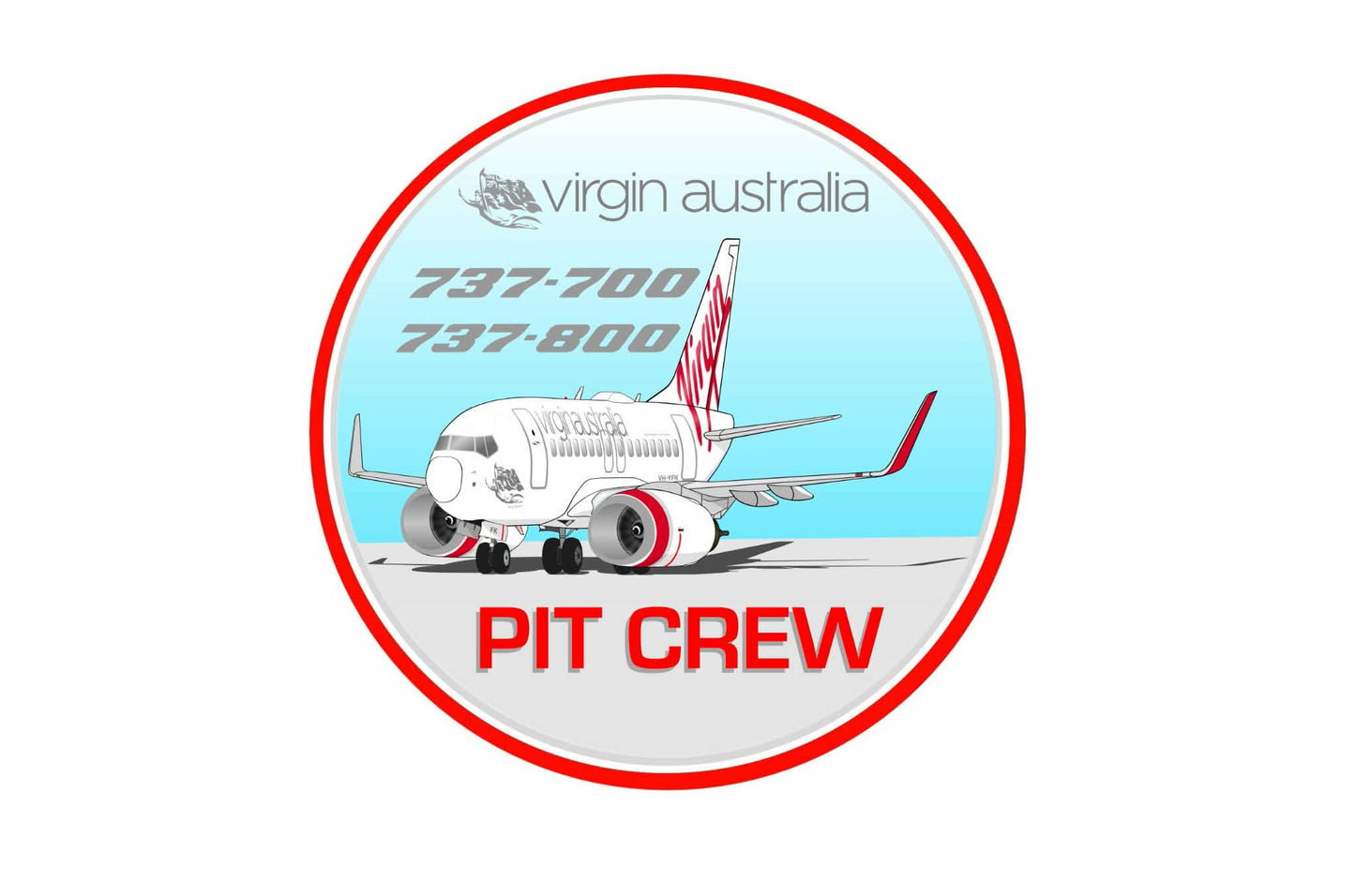Virgin Australia “Pit Crew” 9cm round character sticker.