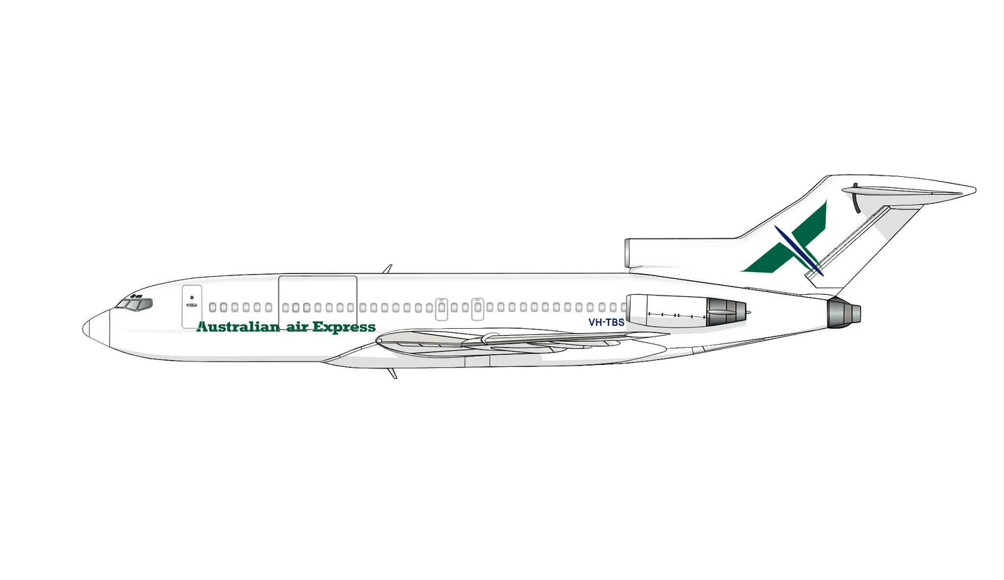 VH-RMS/VH-TBS Boeing 727-77 in all the liveries she wore, 20cm profile 10 sticker collection.