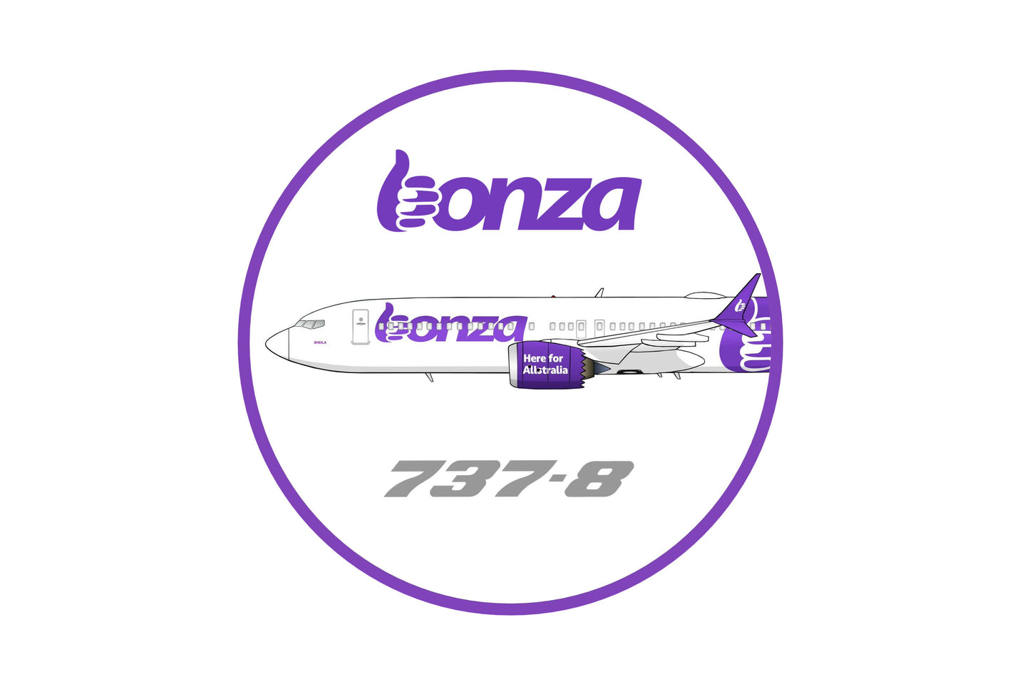 Bonza Boeing 737-8 forward fuselage section "737-8" 10cm round logo sticker.