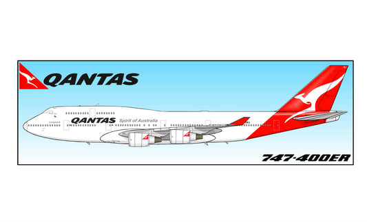 QANTAS Boeing 747-400ER VH-OEJ 14cm rectangular sticker.