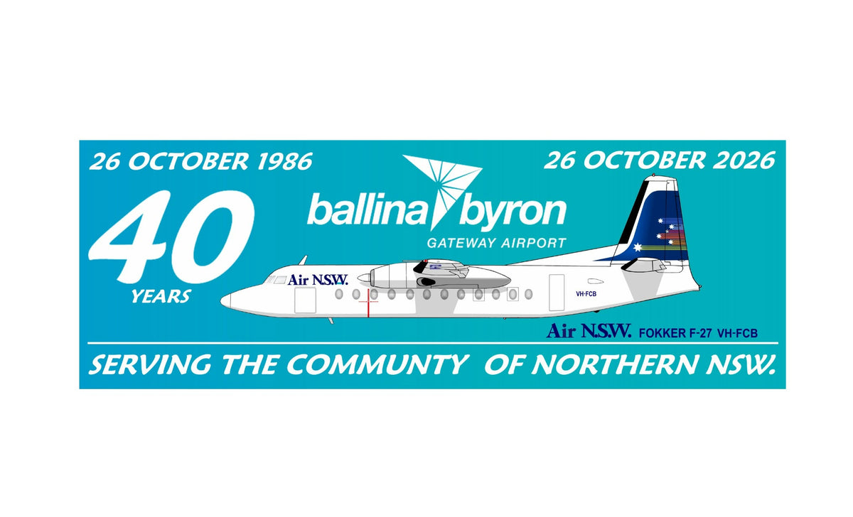 First Commercial Flight to land at Ballina Airport Air NSW Fokker F27 VH-FCB 20cm sticker.