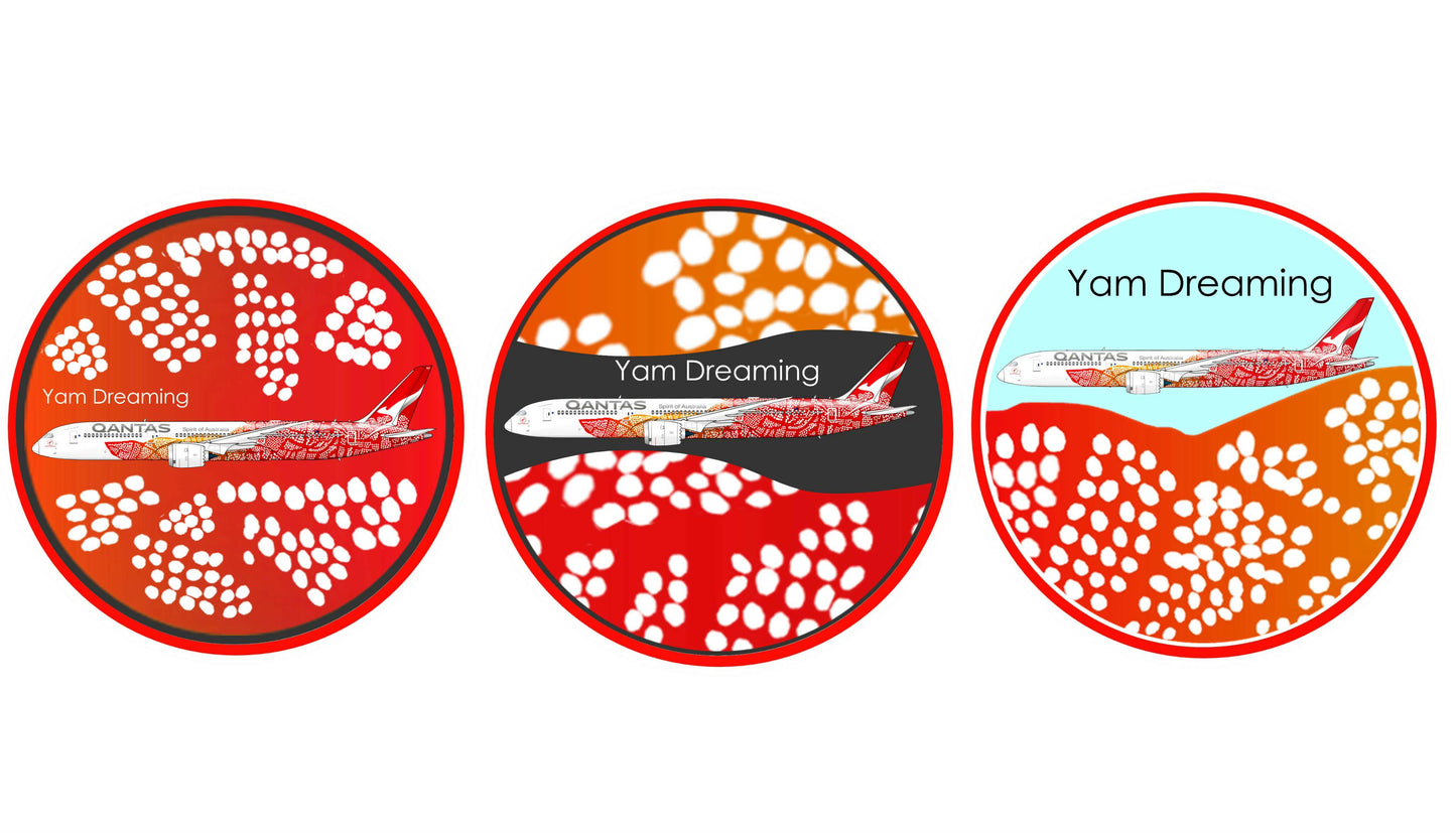 QANTAS Boeing 787-9 VH-ZND Balarinji “Yam Dreaming” 3 set of 10 cm round sticker.